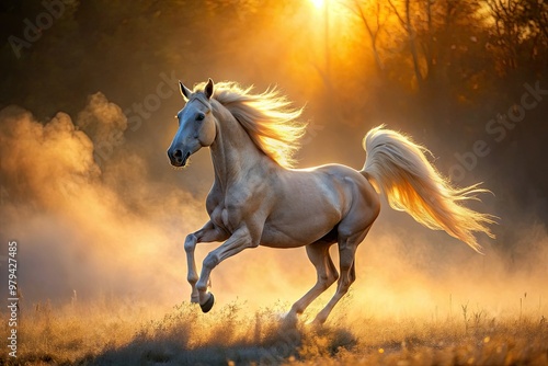 golden light misty Arabian horse galloping freedom joy