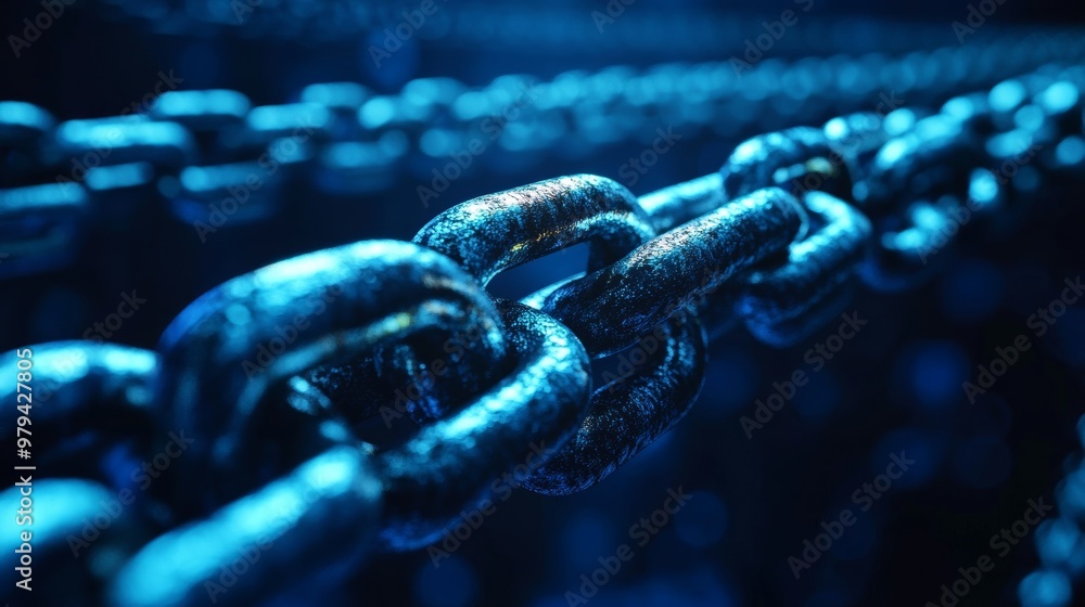 A chain of blue links is shown in a close up A chain of blue links is shown in a close up