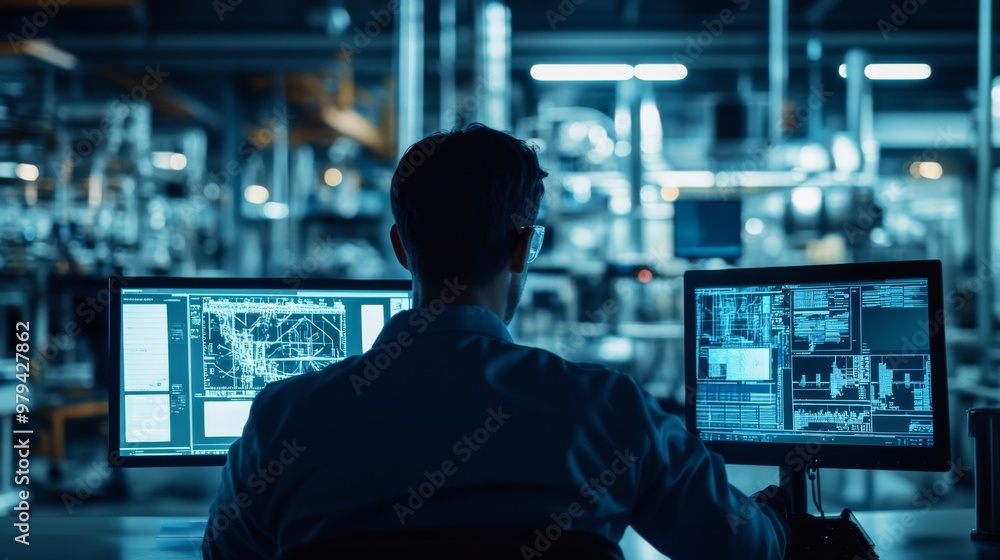 A technician configuring machine vision software, with live footage of an industrial process in the background. A technician configuring machine vision software, with live footage of an industrial process in the background.