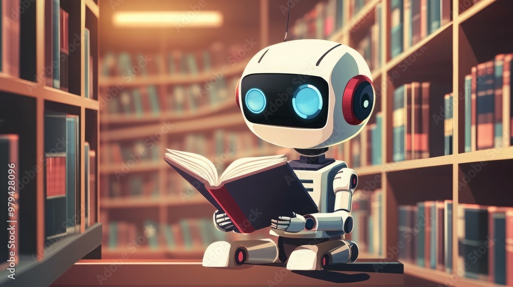 A robot sits in a library, reading a book. A robot sits in a library, reading a book.