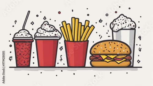 Illustration of a fast food meal with drinks, fries, and a burger. Perfect for illustrating fast food concepts or menu designs.