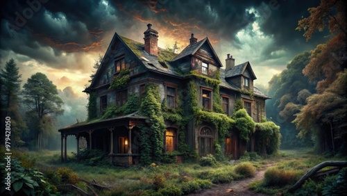 dark mysterious ominous abandoned eerie haunted decaying overgrown foreboding dark mystical derelict