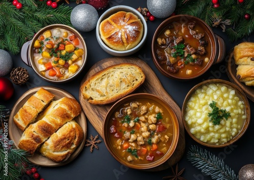 Cozy Winter Comfort Foods Flat Lay Hearty Soups Stews and Freshly Baked Bread Adorned with Festive Winter Decorations for a Warm and Inviting Atmosphere