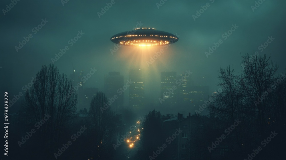 A UFO is flying over a city at night A UFO is flying over a city at night