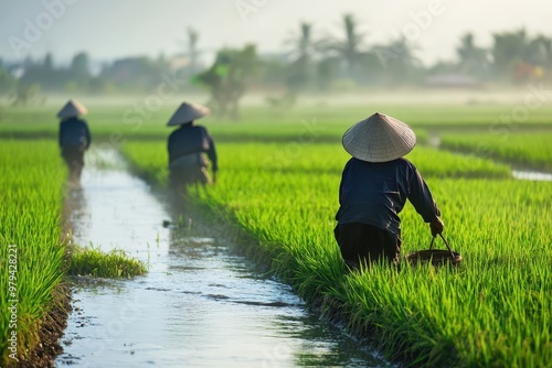 Rice farmers working in lush green fields during early morning light.