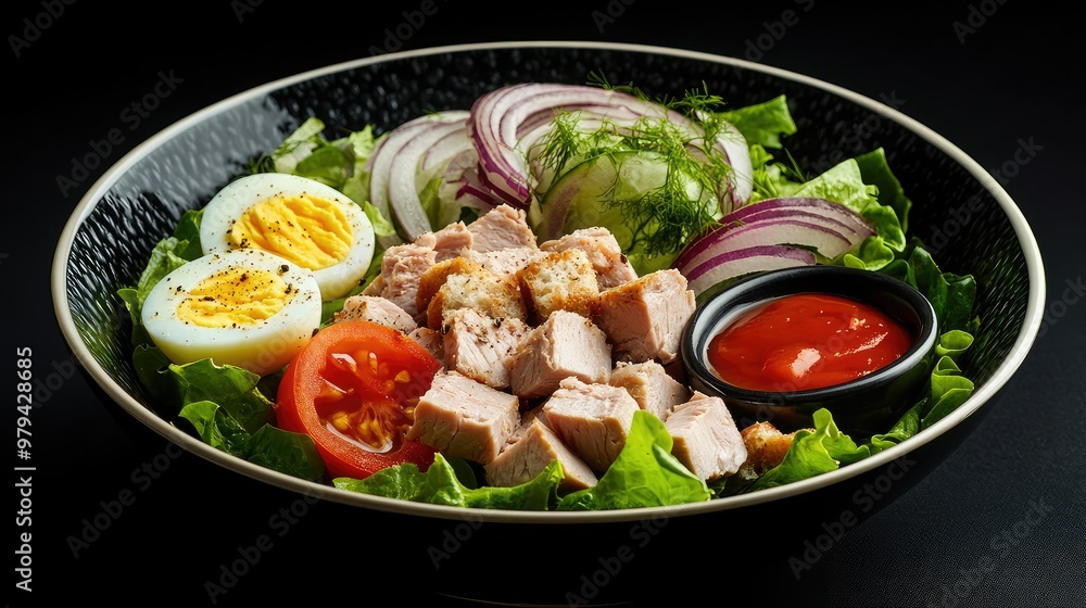 A nutritious salad of green cos lettuce with tuna, boiled egg, sliced tomatoes, onions, and croutons, served in a bowl with dipping sauce, isolated on a black background. A nutritious salad of green cos lettuce with tuna, boiled egg, sliced tomatoes, onions, and croutons, served in a bowl with dipping sauce, isolated on a black background.