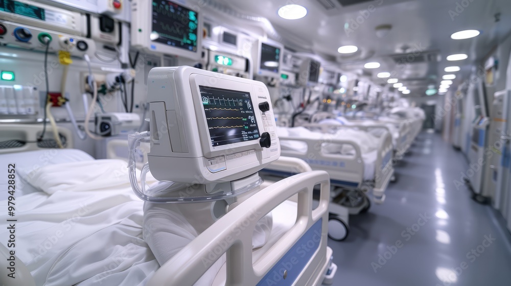 The sterile corridor of a hospital features rows of unoccupied beds and advanced monitoring devices, highlighting the calm of an evening shift The sterile corridor of a hospital features rows of unoccupied beds and advanced monitoring devices, highlighting the calm of an evening shift
