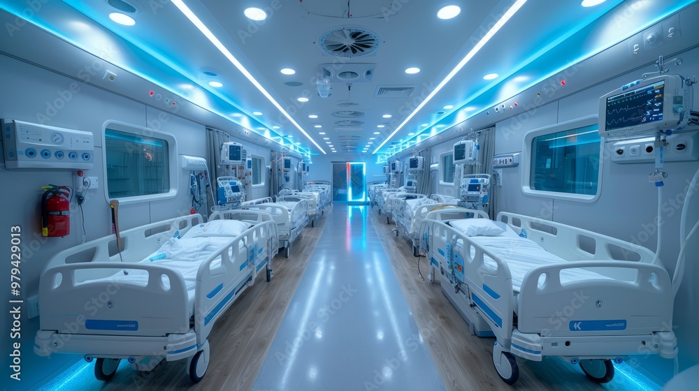 An expansive hospital ward features numerous empty beds illuminated by soothing blue lights, showcasing a state-of-the-art healthcare environment An expansive hospital ward features numerous empty beds illuminated by soothing blue lights, showcasing a state-of-the-art healthcare environment