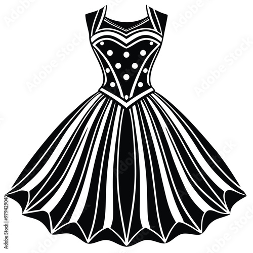 A black and white dress with a silver buckle on the fro