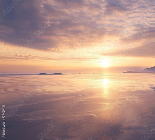 A serene winter landscape featuring reindeer walking across a frozen lake at sunset, with colorful skies reflecting on the ice.