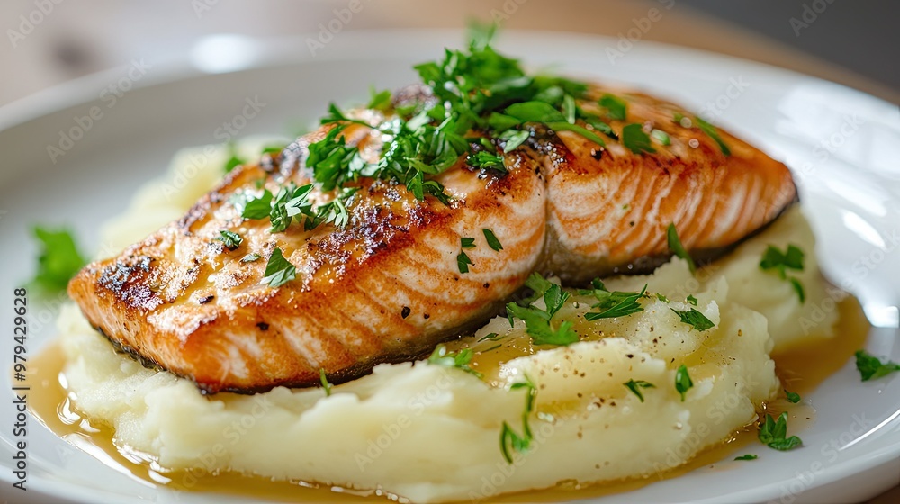 A restaurant-quality dish of pan-seared salmon, set on a creamy bed of mashed potatoes, garnished with fresh parsley and served on a pristine white plate. A restaurant-quality dish of pan-seared salmon, set on a creamy bed of mashed potatoes, garnished with fresh parsley and served on a pristine white plate.