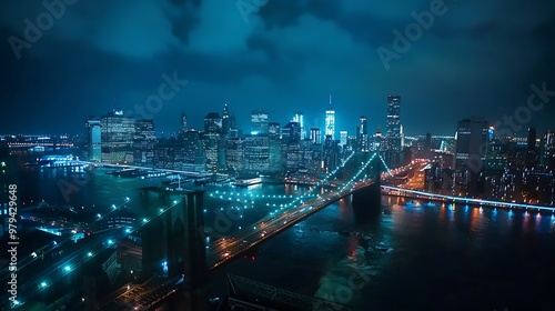 A stunning nighttime view of a city skyline with a bridge illuminated by lights over water.