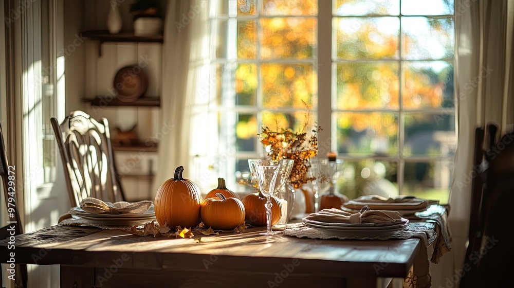A rustic dining table set with pumpkins by a window in a warm, sunlit room. The fall decor creates a welcoming seasonal ambiance. A rustic dining table set with pumpkins by a window in a warm, sunlit room. The fall decor creates a welcoming seasonal ambiance.