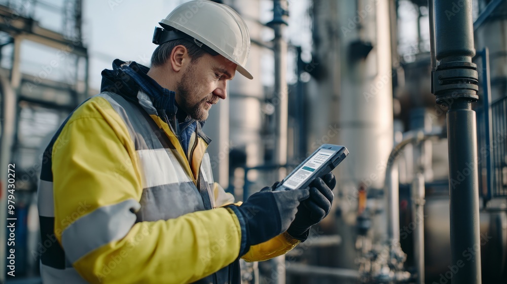 A worker using a portable diagnostic machine to check the health of industrial equipment on-site. A worker using a portable diagnostic machine to check the health of industrial equipment on-site.