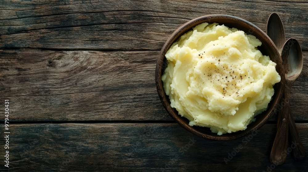 A rustic wooden table with a bowl of parmesan-laden mashed potatoes, shot from a top-down perspective, with ample space left for copy or creative text A rustic wooden table with a bowl of parmesan-laden mashed potatoes, shot from a top-down perspective, with ample space left for copy or creative text