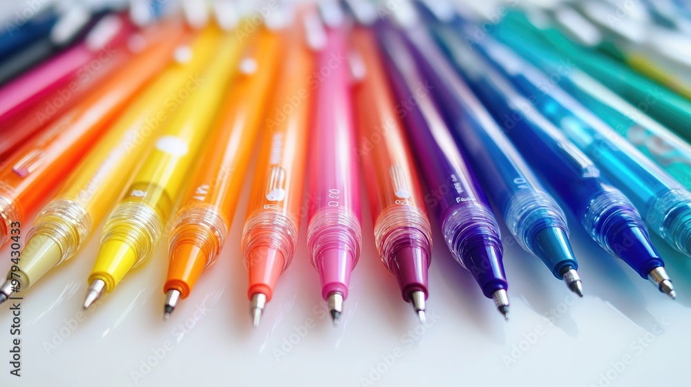 Detailed shot of a rainbow of colored pens laid out on a white surface, showing their different colors and tips Detailed shot of a rainbow of colored pens laid out on a white surface, showing their different colors and tips