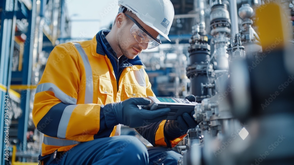 A worker using a portable diagnostic machine to check the health of industrial equipment on-site. A worker using a portable diagnostic machine to check the health of industrial equipment on-site.
