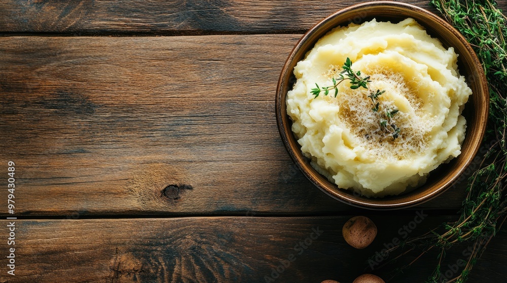 A rustic wooden table with a bowl of parmesan-topped mashed potatoes, photographed from above. Ample copy space surrounds the simple, cozy meal A rustic wooden table with a bowl of parmesan-topped mashed potatoes, photographed from above. Ample copy space surrounds the simple, cozy meal