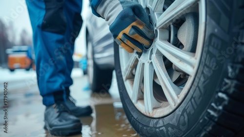 A skilled worker adjusts a tire on a vehicle parked on a snow-covered roadside, demonstrating dedication to vehicle upkeep amidst winter conditions