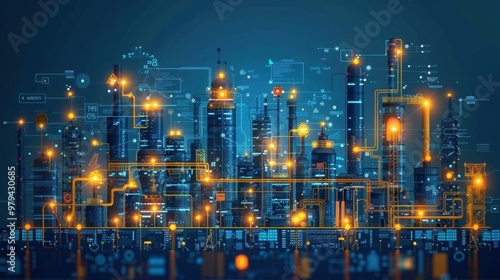 Futuristic smart city with glowing digital connections and data flow visualizing the concept of modern infrastructure and technology.