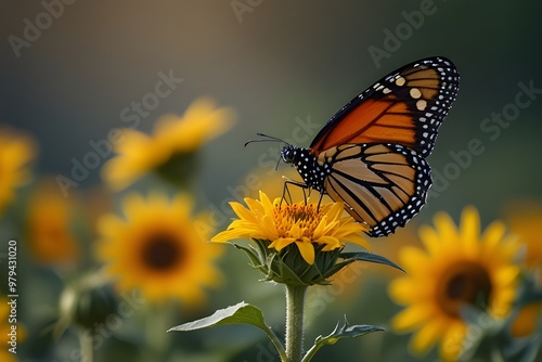 Butterfly Monarch on sunflower with blurry background, nature stock image of a close up insect Generative AI