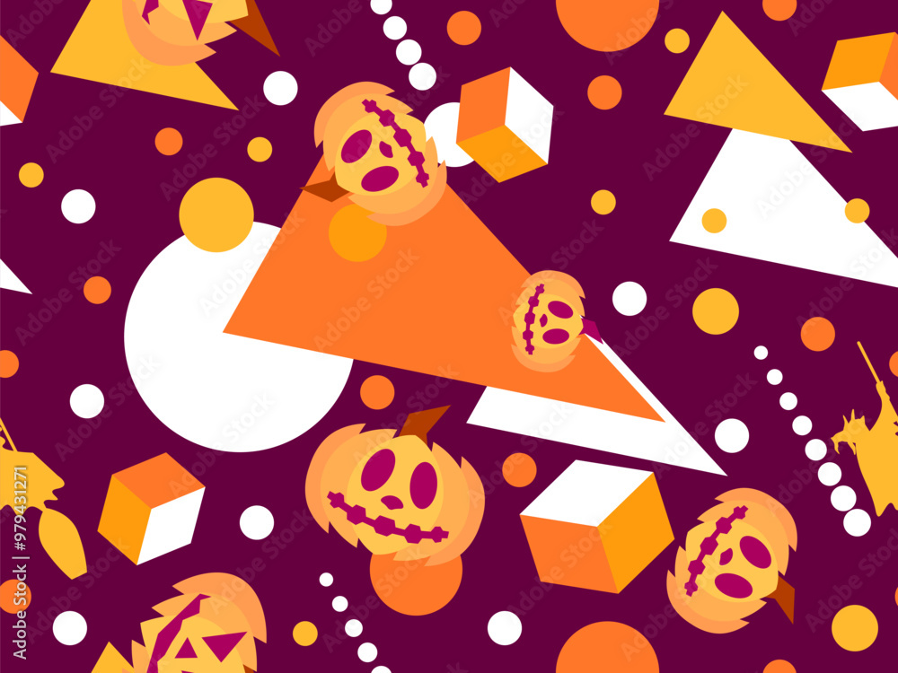 Fototapeta premium Halloween seamless pattern with geometric shapes in 80s Memphis style. Carved Halloween pumpkin with 3d cubes. Jack-o-lantern, trick or treat. Vector illustration