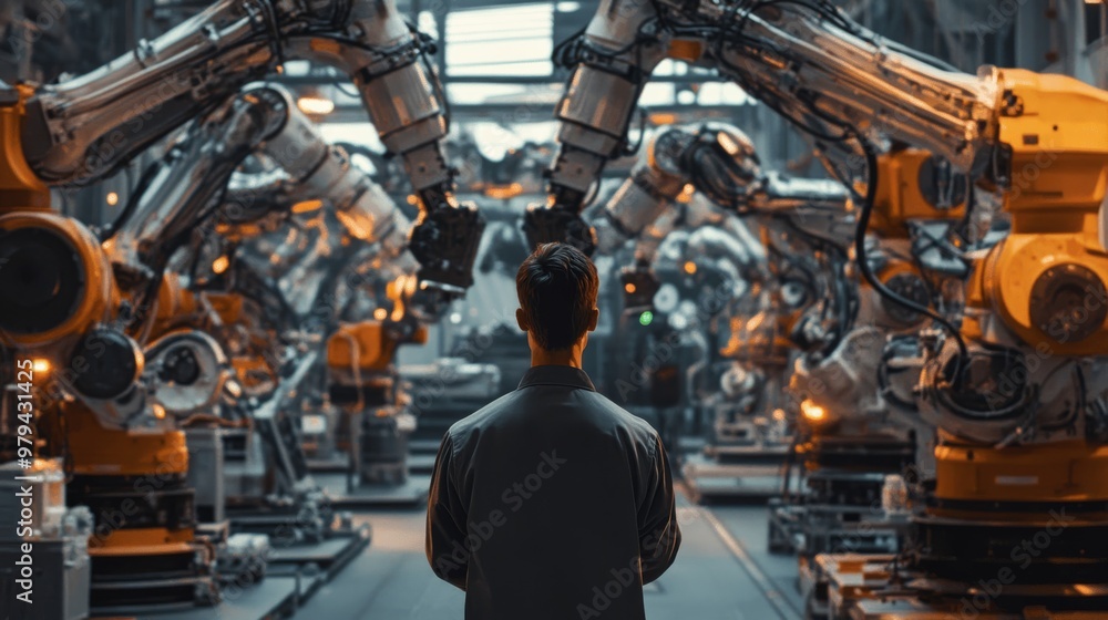 Engineer overseeing robotic machines in a high-tech factory, with multiple robotic arms working in sync. Engineer overseeing robotic machines in a high-tech factory, with multiple robotic arms working in sync.