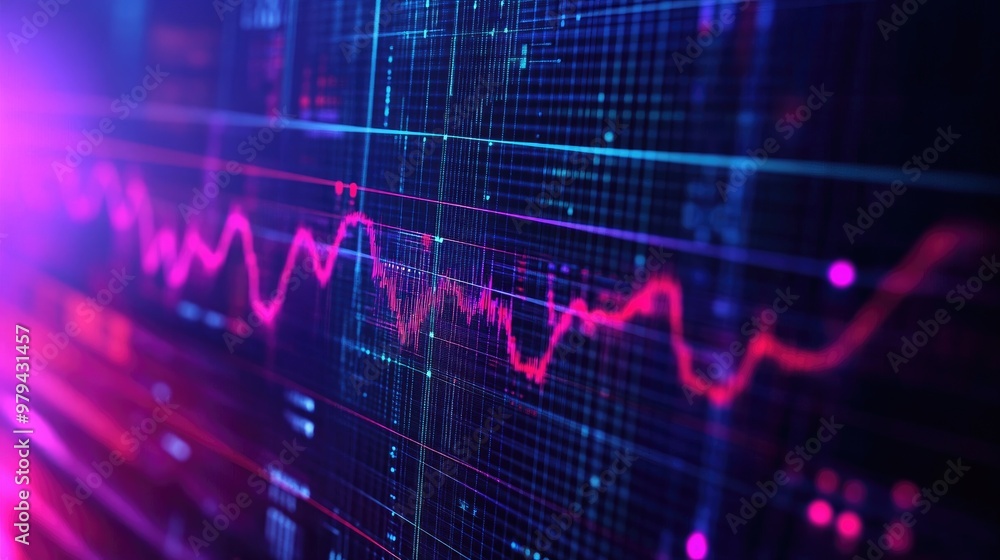 Detailed shot of an electrical waveform graph on a computer screen with complex signal analysis Detailed shot of an electrical waveform graph on a computer screen with complex signal analysis