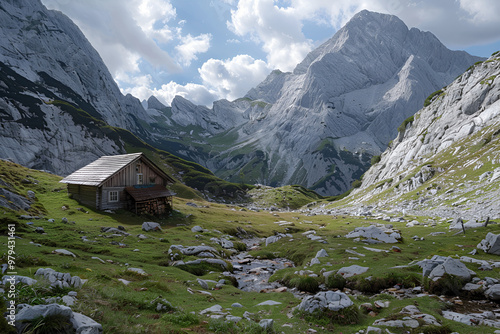 Beautiful Landscapes In Bertschegaden, Mountain view along the river, Breathtaking alpine landscape with Alps mountains, spruce trees and green alpine meadow 