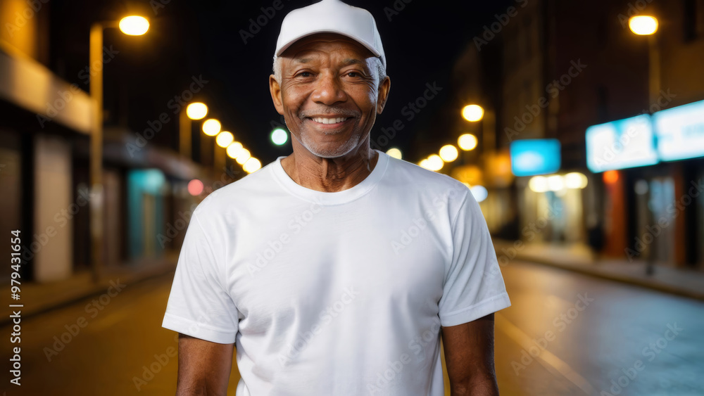 Fototapeta premium Senior black man wearing white t-shirt and white baseball cap standing on the street at night