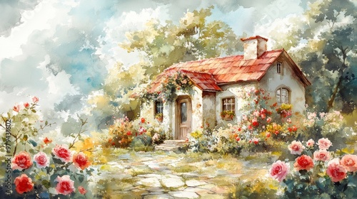 Wallpaper Mural A charming cottage surrounded by vibrant flowers, nestled in a picturesque landscape under a soft, dreamy sky. Torontodigital.ca