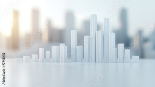 A minimalist 3D representation of skyscrapers against a soft-focus urban background, suggesting a modern cityscape.