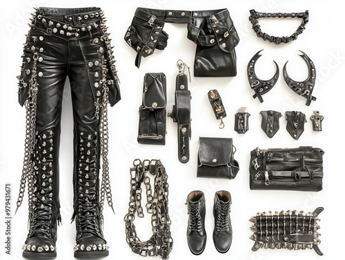Edgy punk fashion collection featuring leather pants, accessories, and footwear, ideal for bold style statements.