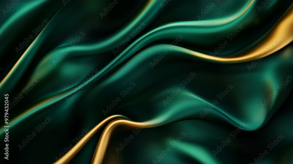 Fototapeta premium A flowing abstract background with silk folds in rich emerald and soft gold, with smooth textures and glossy highlights creating depth and elegance.