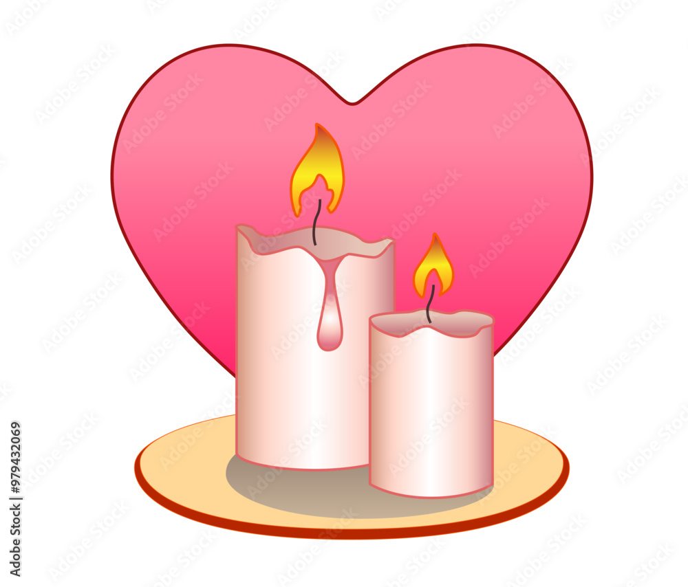 Two romantic wax burning candles on a candlestick with a heart - vector full color picture for Valentine's Day. Two romantic wax burning candles on a candlestick with a heart - vector full color picture for Valentine's Day.