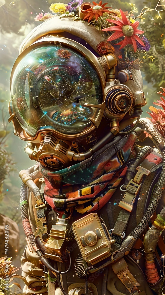 Fototapeta premium An astronaut wearing a helmet adorned with flowers, standing in a lush forest.