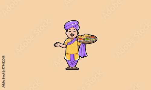 Smiling Indian man serving traditional indian meal