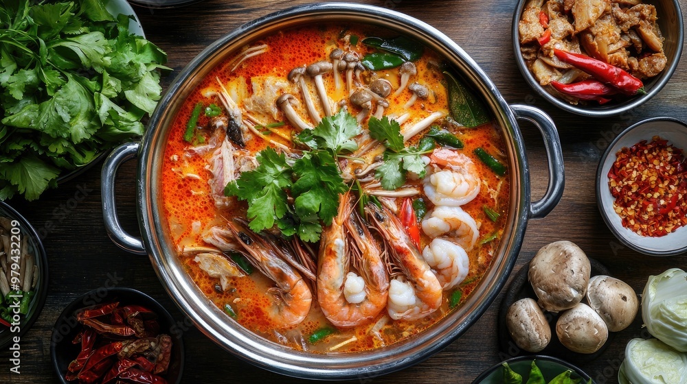 Detailed shot of Tom Yum Goong in a metal hot pot with shrimp, mushrooms, and spicy broth, surrounded by Thai condiments Detailed shot of Tom Yum Goong in a metal hot pot with shrimp, mushrooms, and spicy broth, surrounded by Thai condiments