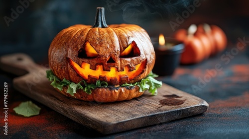 A terrifying pumpkin-shaped Halloween burger sitting on a wooden board, ideal for a spooky party. This eerie food concept captures the essence of festive creativity. photo