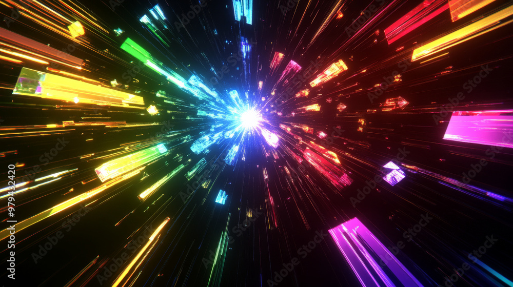 Naklejka premium A futuristic color prism backdrop featuring sharp prisms refracting intense rainbow beams of light, creating intricate colorful patterns across a deep black background.