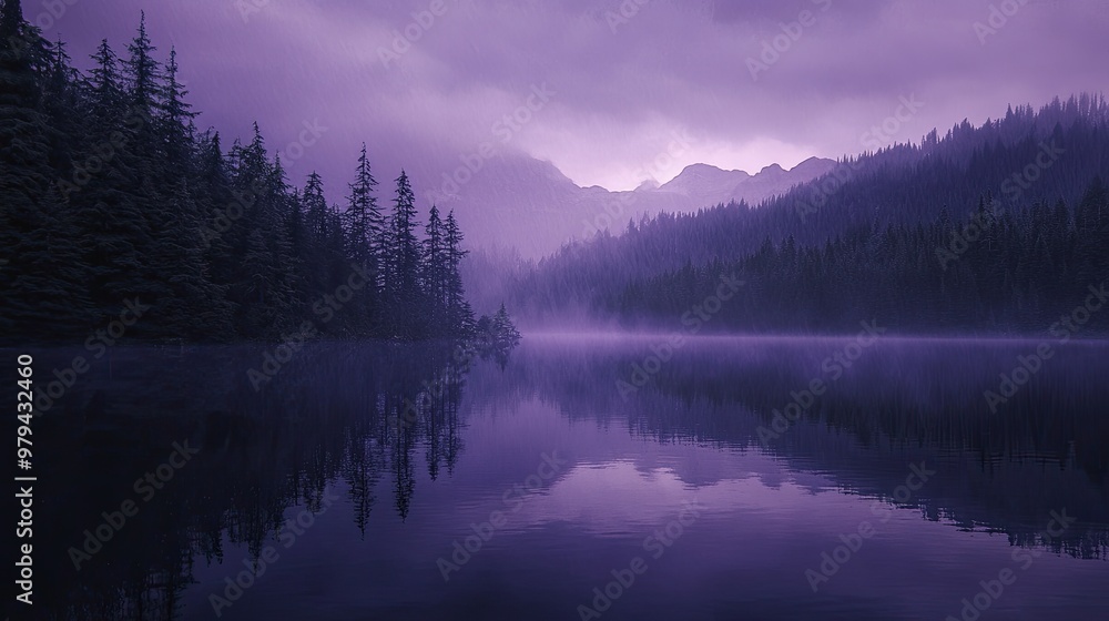 Fototapeta premium Serene lake surrounded by dense forest, reflections distorted by gentle rain, twilight sky turning deep purple, creating a moody and tranquil landscape