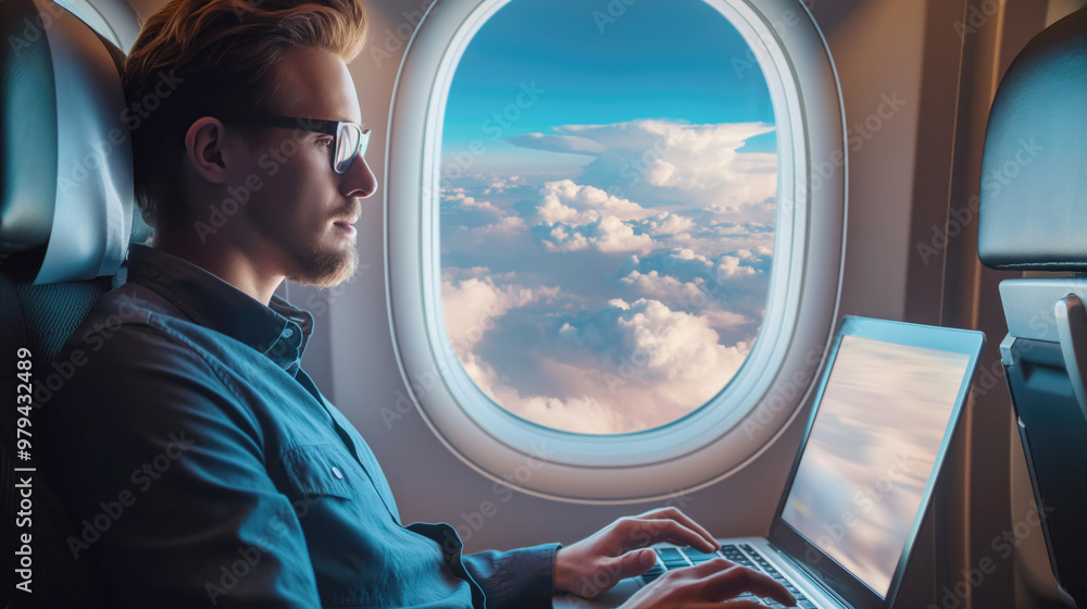 A man working on a laptop by an airplane window, with clouds and a vibrant sky visible through the window. A man working on a laptop by an airplane window, with clouds and a vibrant sky visible through the window.