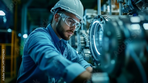 Engineer working on a green energy machine, surrounded by eco-friendly technology.