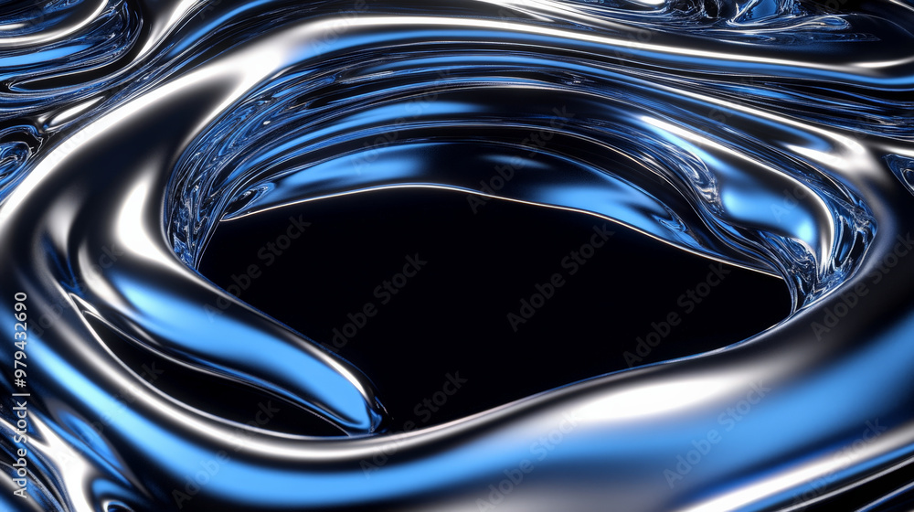 Fototapeta premium A futuristic fluid frame in metallic silver and blue, with flowing, liquid-like edges surrounding a dark gradient center, creating depth and movement.