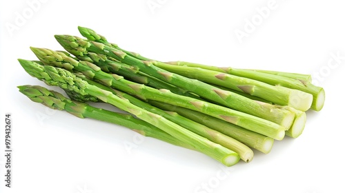 A tight cluster of fresh green asparagus stems, perfectly aligned and isolated on a white background, highlighting the vegetable's crispness and freshness.