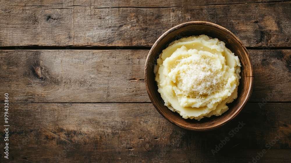 A top view of mashed potatoes sprinkled with parmesan cheese, placed on a rustic wooden table, with empty space around the bowl for copy A top view of mashed potatoes sprinkled with parmesan cheese, placed on a rustic wooden table, with empty space around the bowl for copy