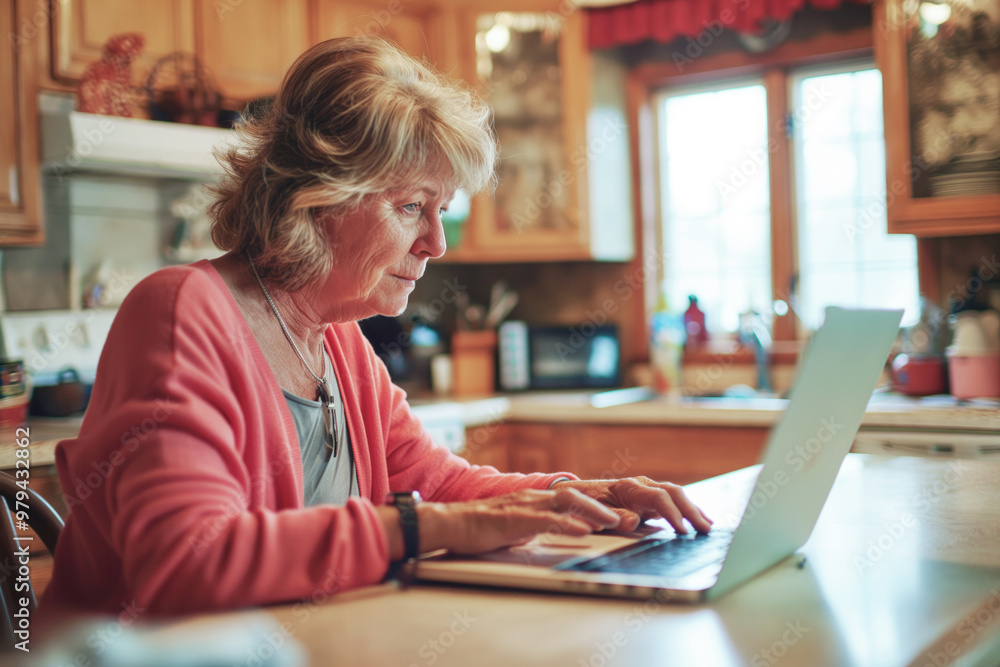 Senior woman working on a laptop in a cozy kitchen, wearing a pink cardigan, focused on her screen with natural light from the window. Senior woman working on a laptop in a cozy kitchen, wearing a pink cardigan, focused on her screen with natural light from the window.