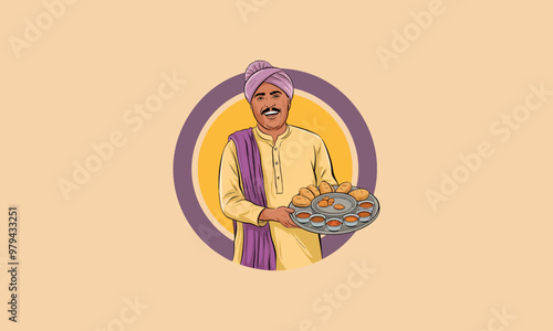 Smiling Indian man serving traditional indian meal