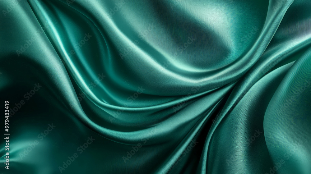 Fototapeta premium A luxurious silk background with fluid, curving folds in shades of emerald green and teal, creating an abstract and elegant flowing design.