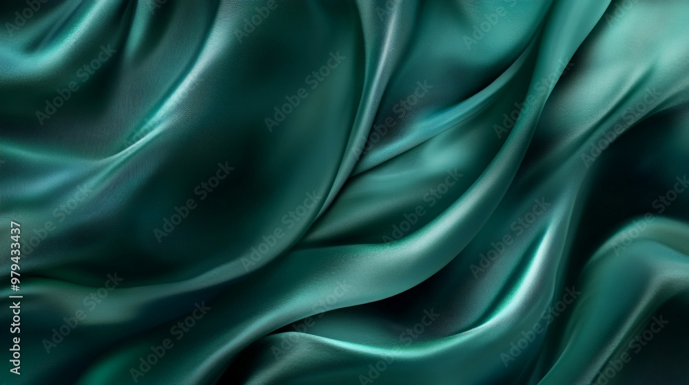 Obraz premium A luxurious silk background with fluid, curving folds in shades of emerald green and teal, creating an abstract and elegant flowing design.